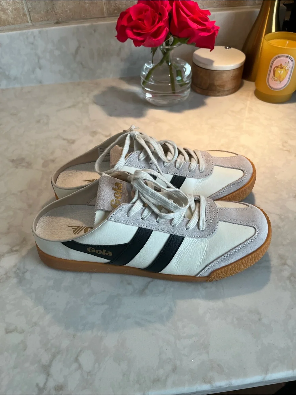 Gola (Anthropologie) Off-White Sneakers with Black Stripes and Gum Sole - Picture 4 of 7